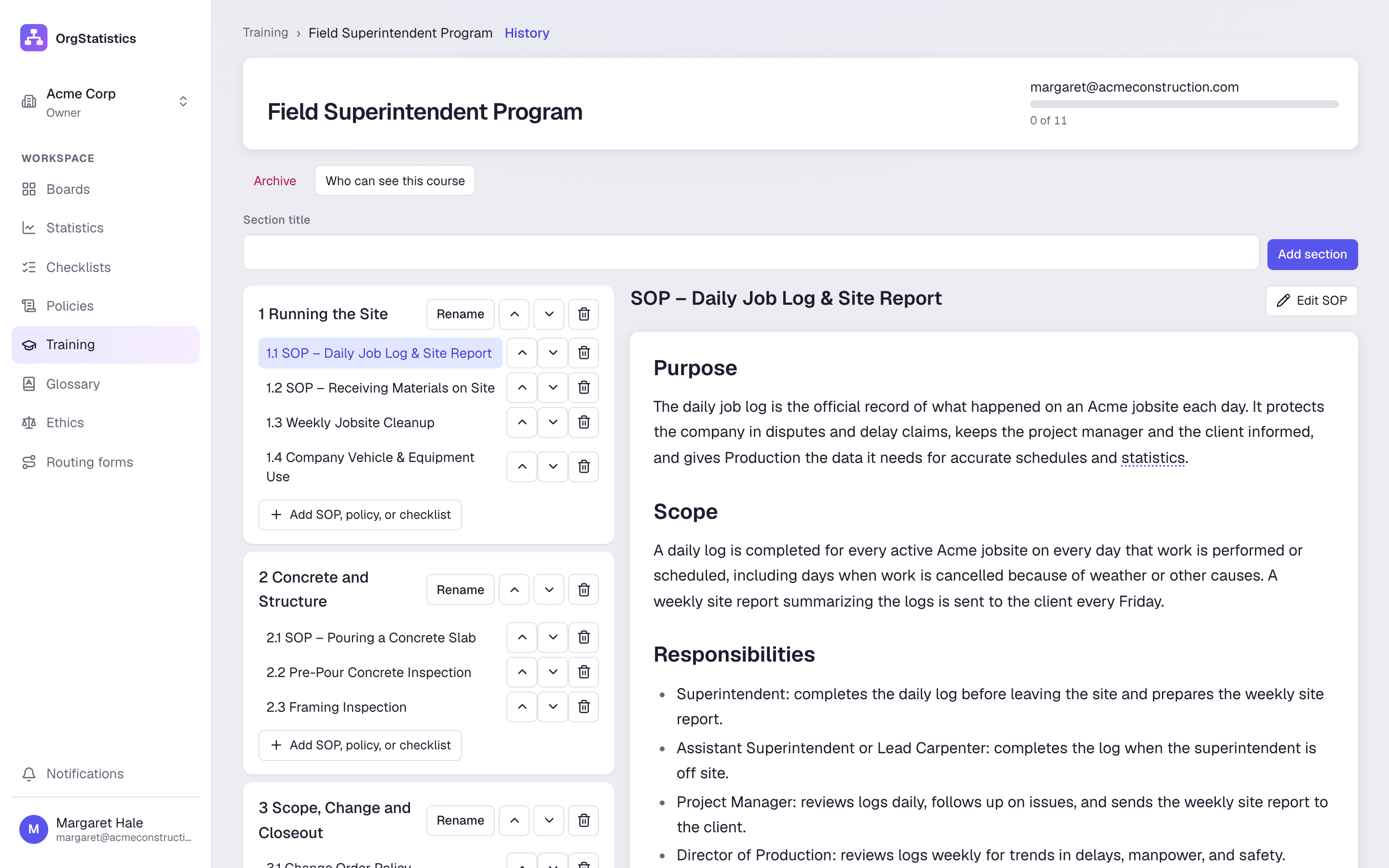 The Field Superintendent Program course, with sections built from SOPs and checklists