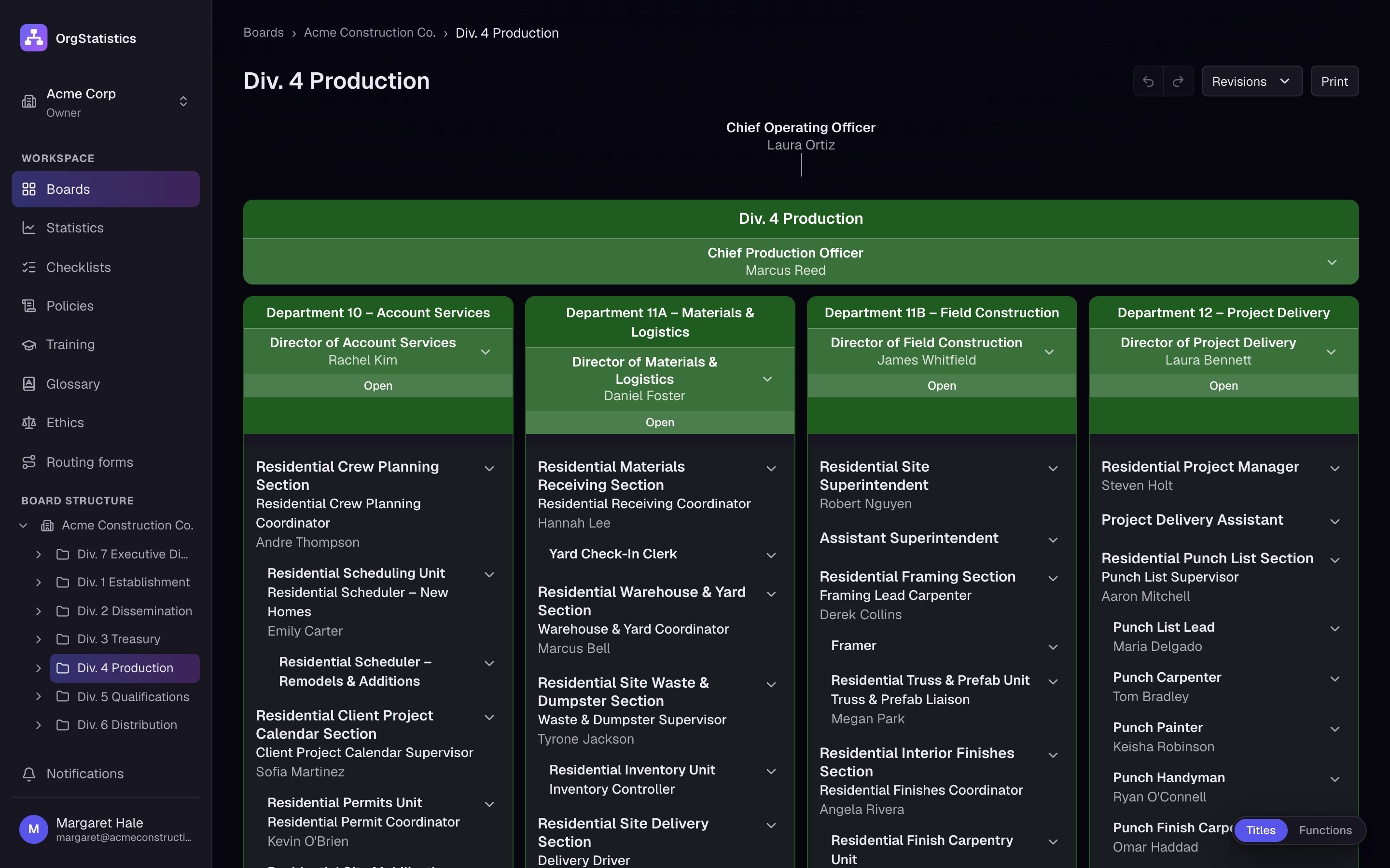 A division page: departments, sections and posts with their products.
