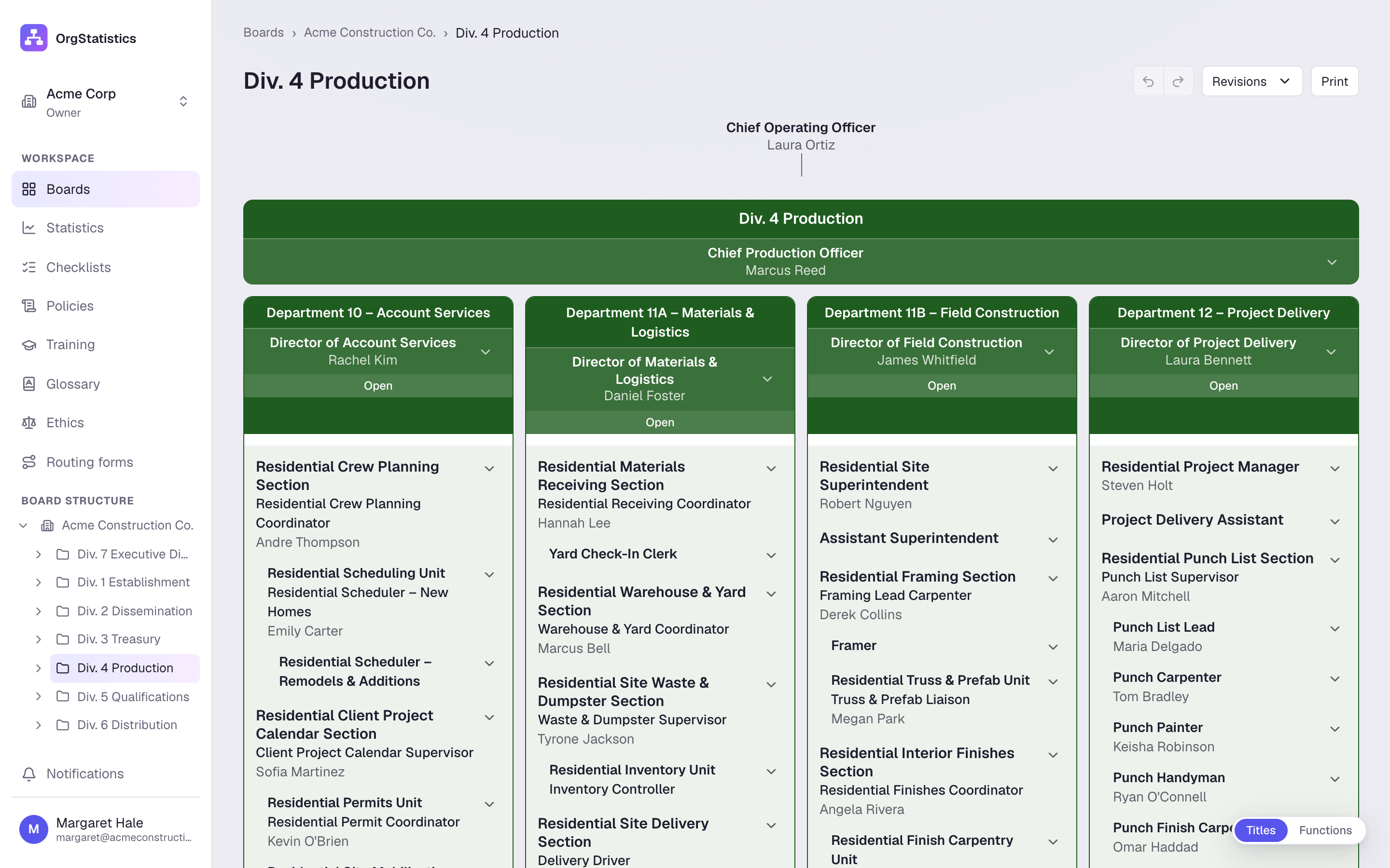 A division page: departments, sections and posts with their products.