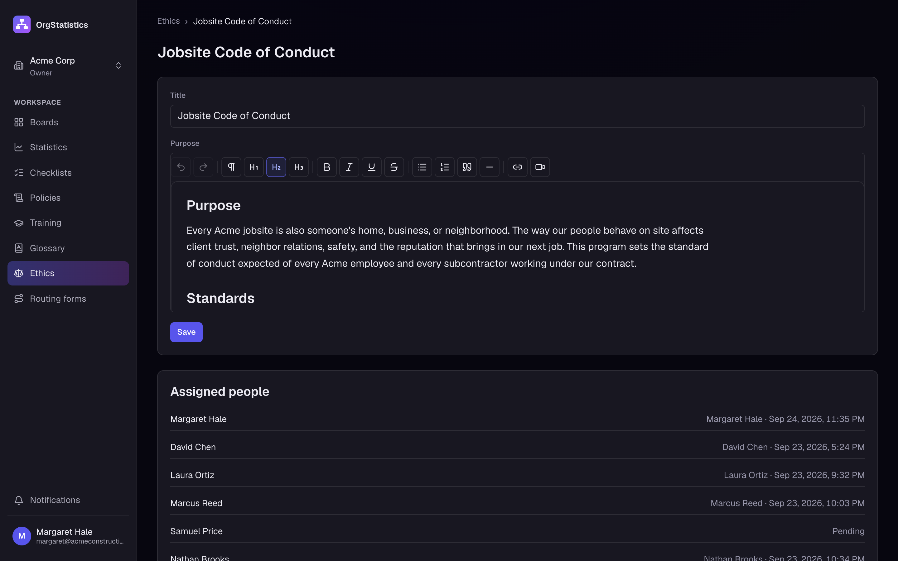 The Jobsite Code of Conduct program with dated acknowledgements