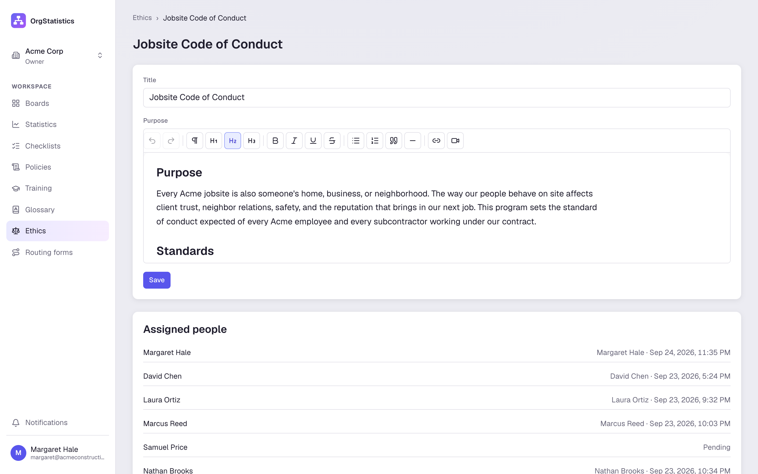 The Jobsite Code of Conduct program with dated acknowledgements