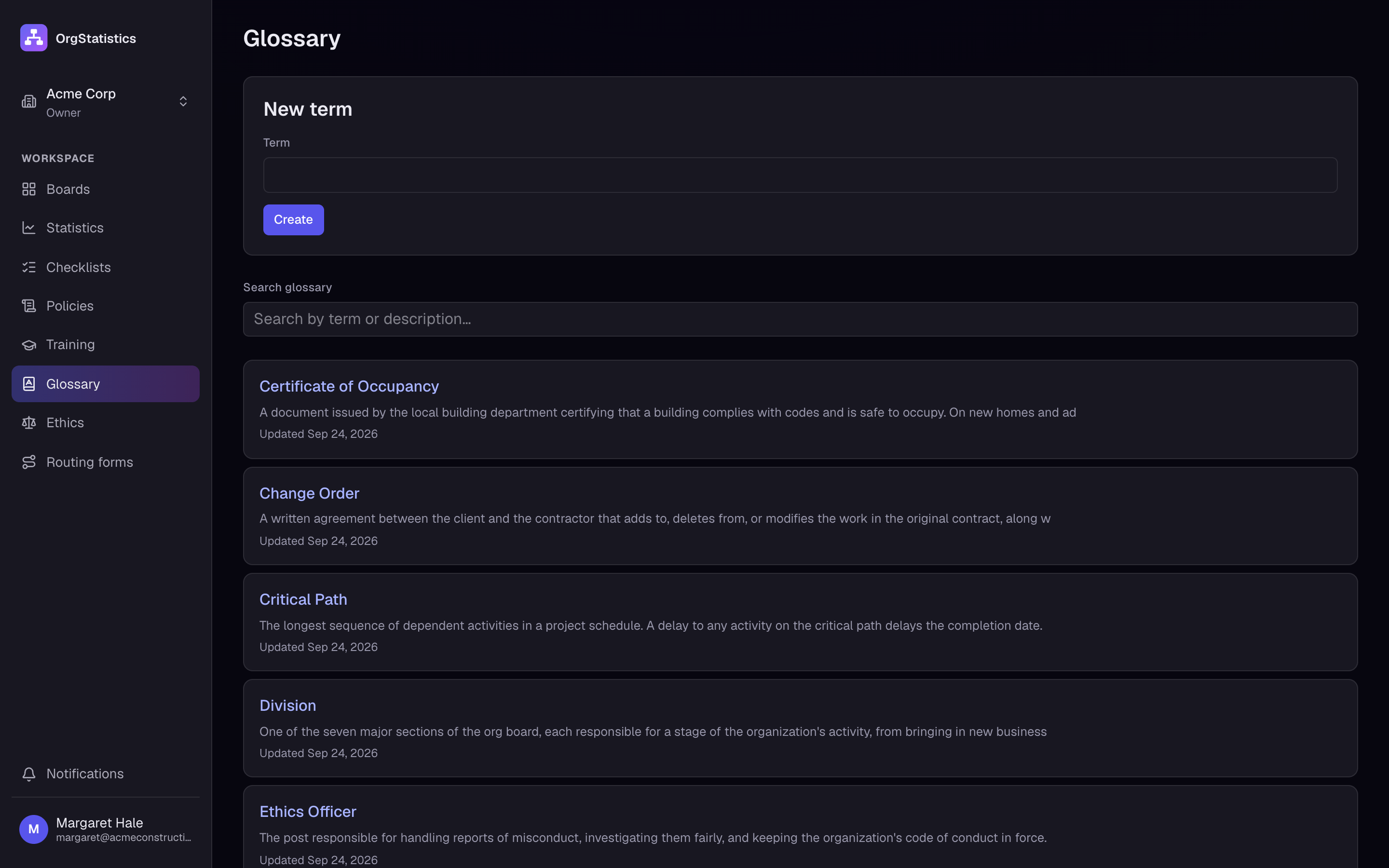 The company glossary, listing terms with their definitions