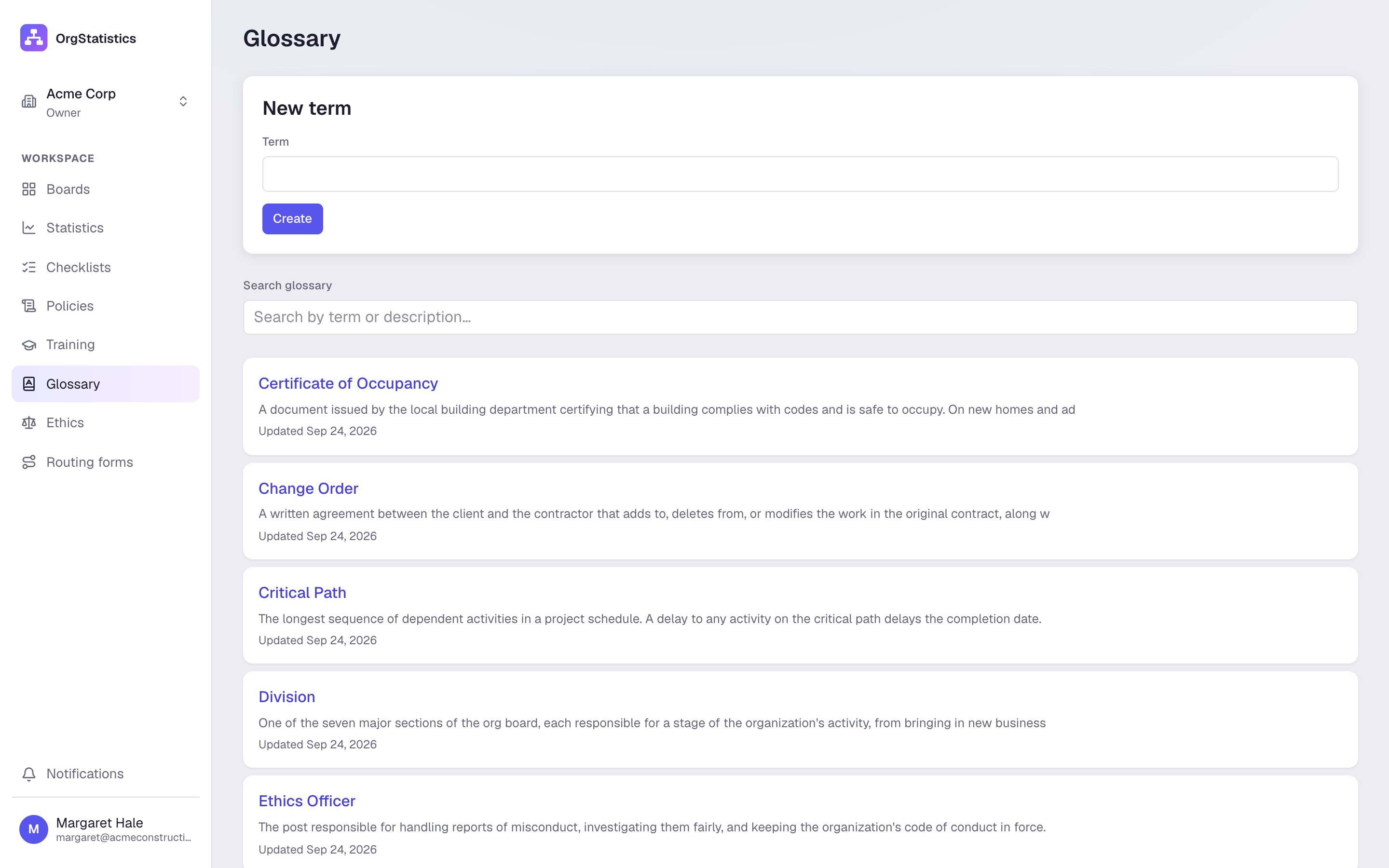 The company glossary, listing terms with their definitions