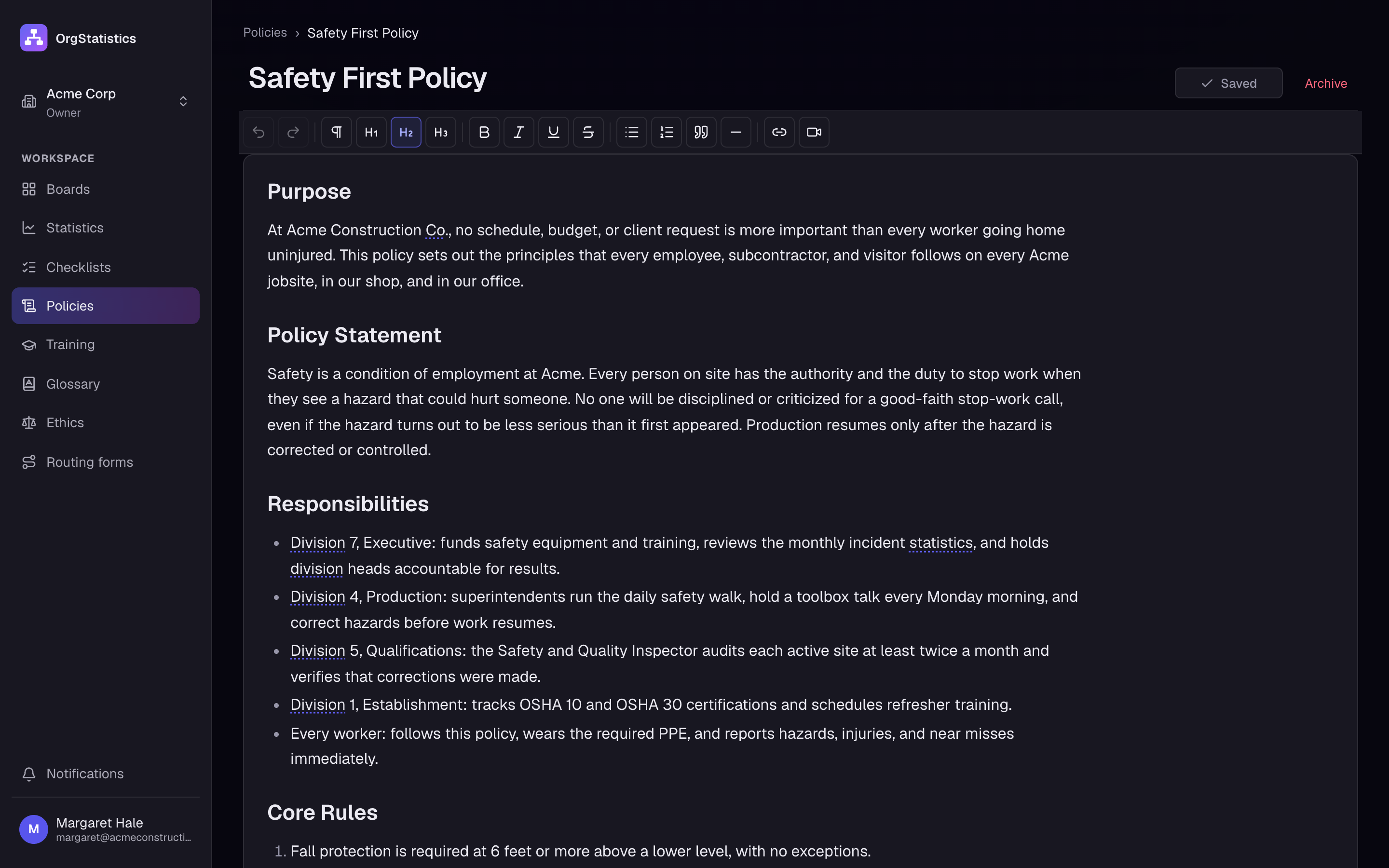 A policy, written in the built-in editor.