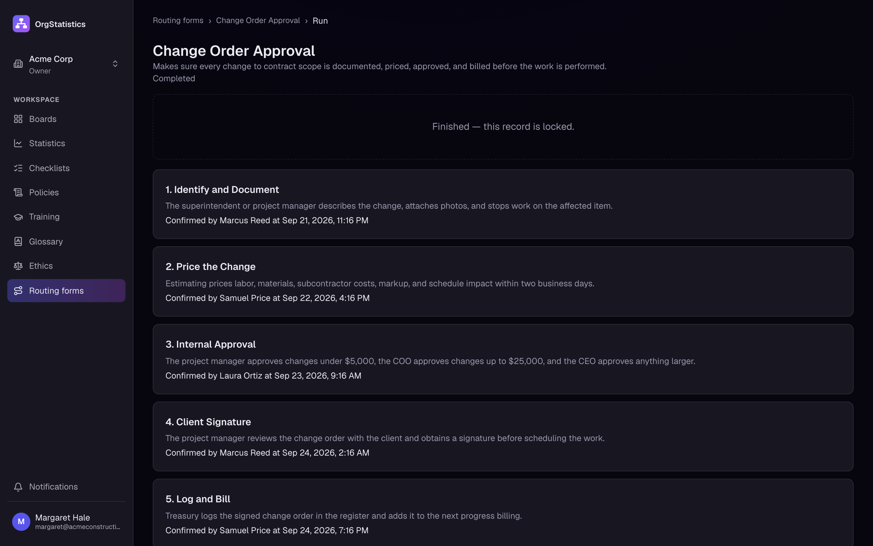 A finished Change Order Approval run, each step signed in order