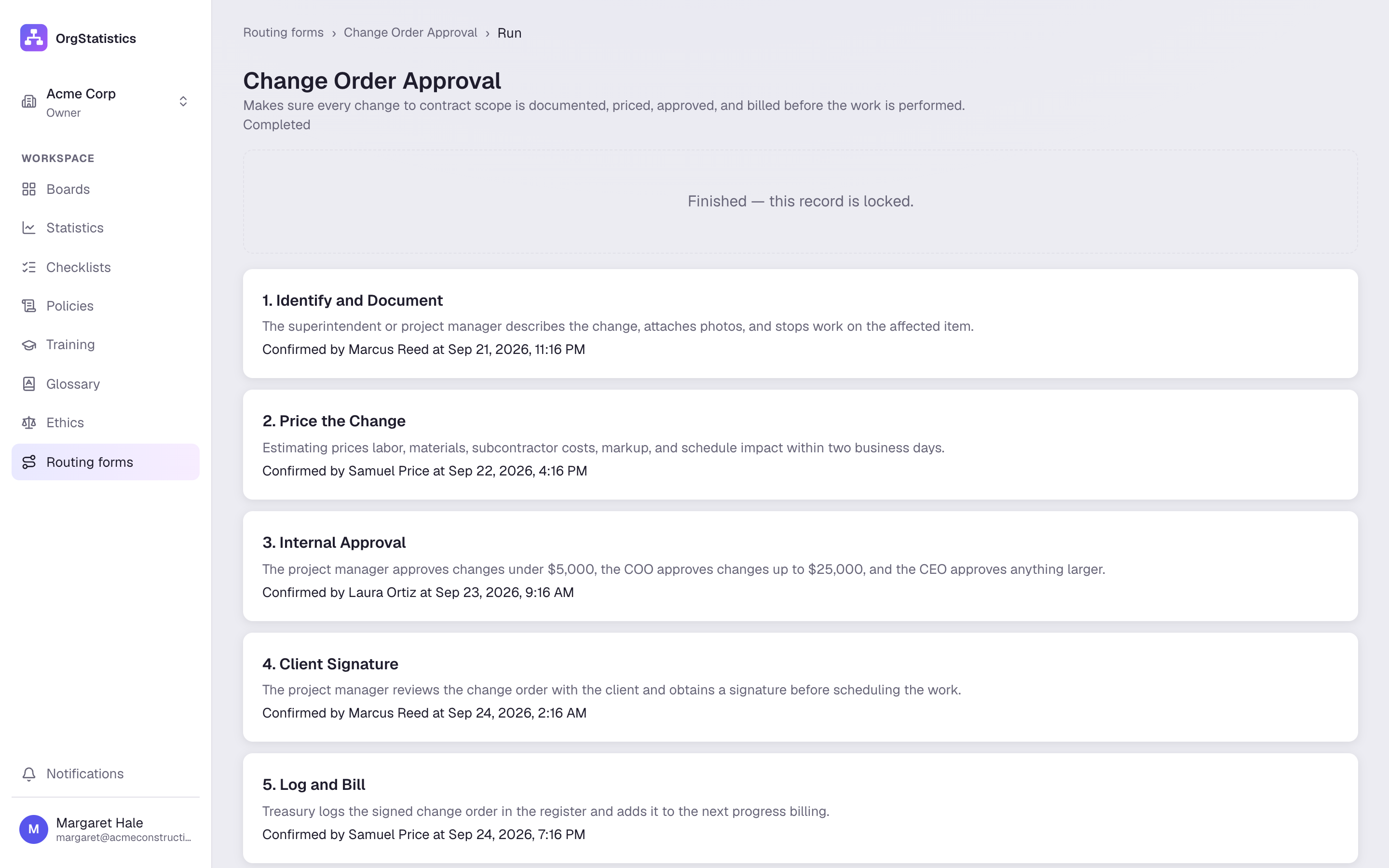 A finished Change Order Approval run, each step signed in order