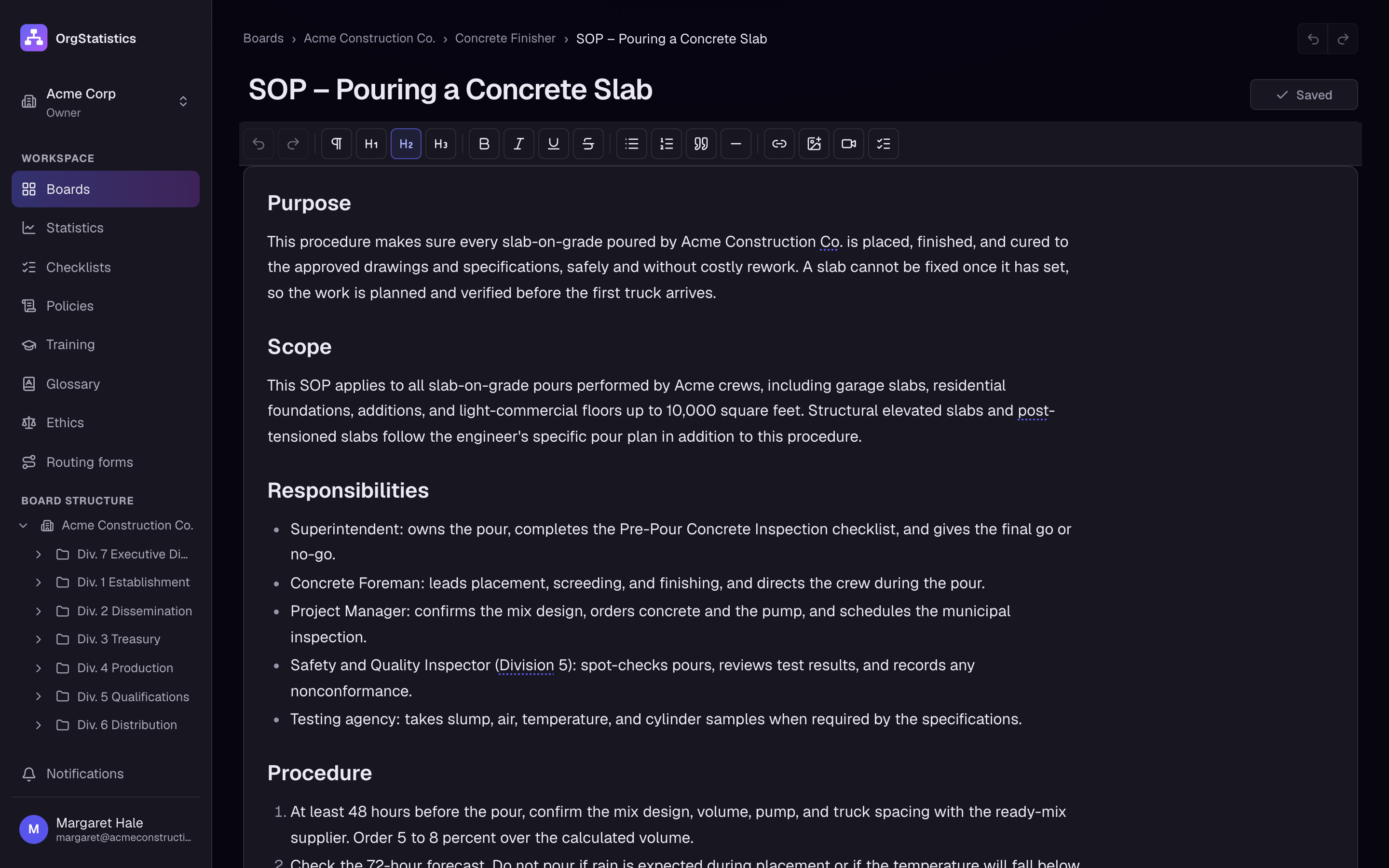 An SOP for pouring a concrete slab, open in the built-in editor