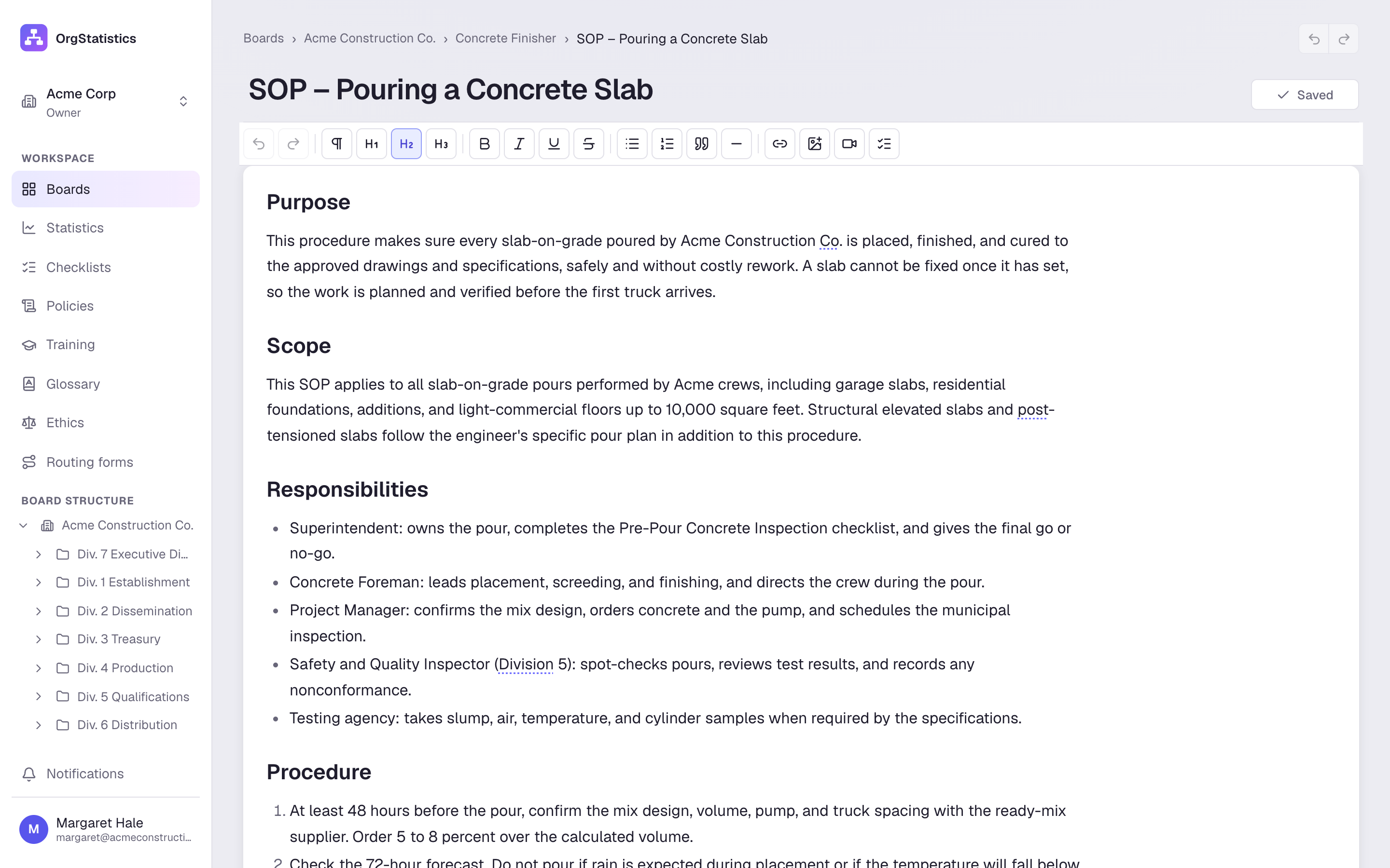 An SOP for pouring a concrete slab, open in the built-in editor